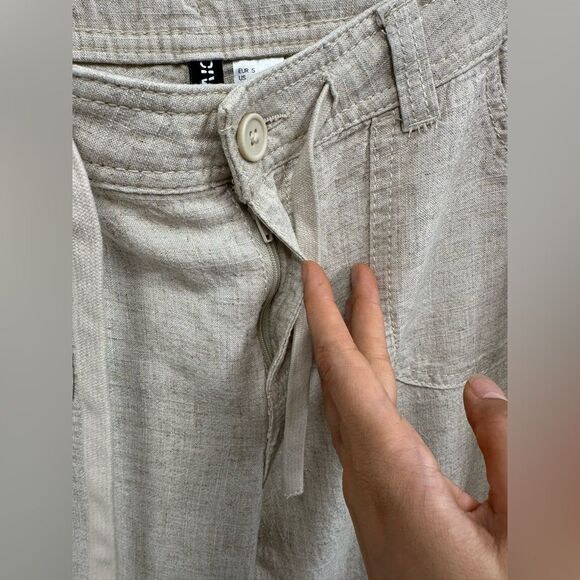 H&M Beige Linen Blend 2 Piece Pant Set Ruche Tie Front Top Wide Leg Size XS/S - Picture 13 of 15